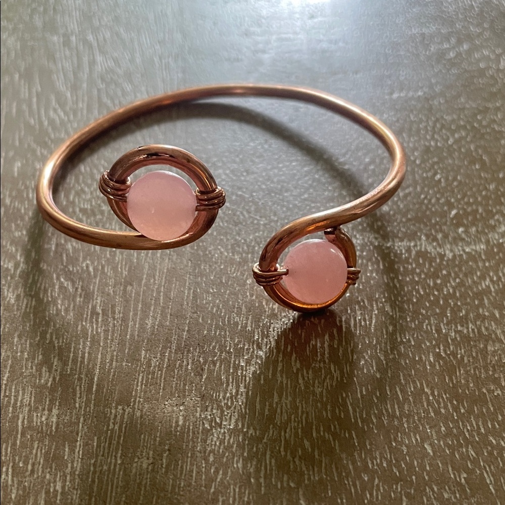 Rose Gold Cuff Bangle Bracelet with Pink Stone Accents
